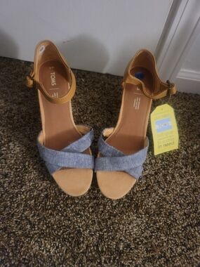 TOMS Denim Cross-Strap Sandal with Tan Ankle Strap